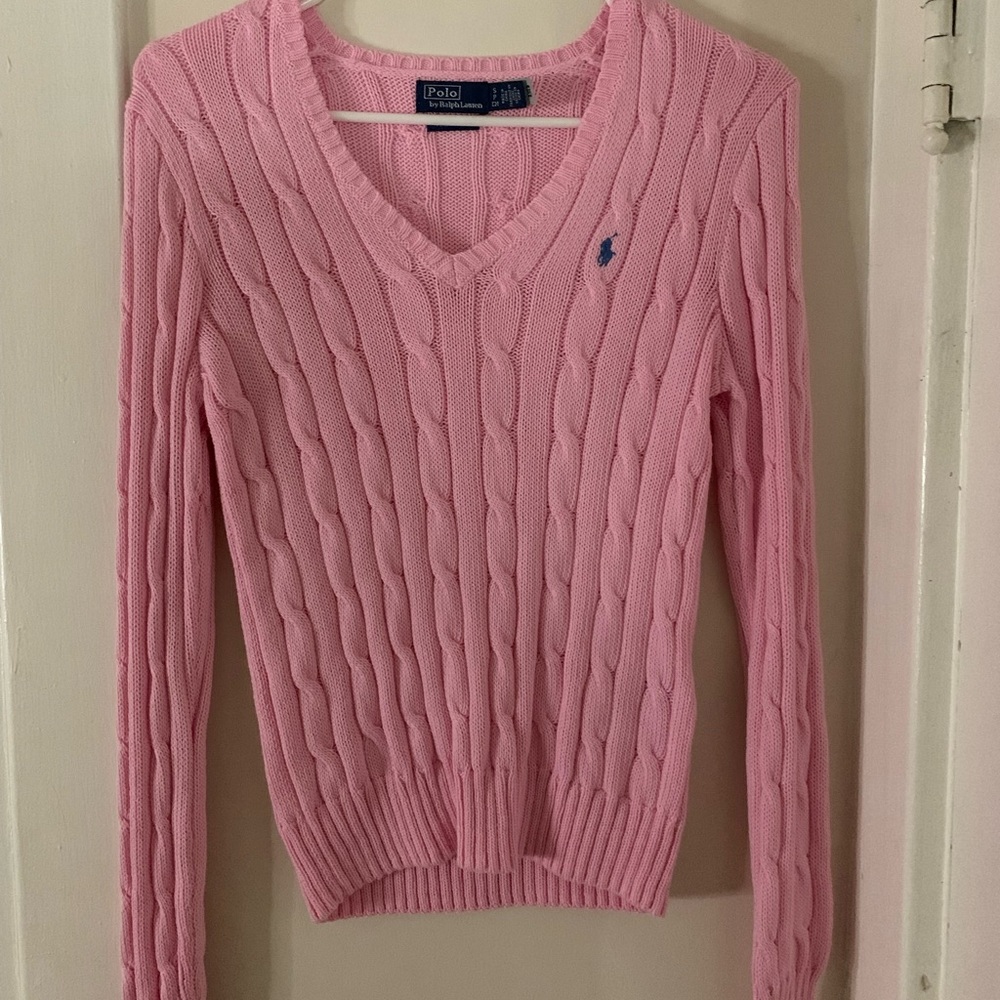 Polo Ralph Lauren Cable Knit V-Neck Sweater in Pink